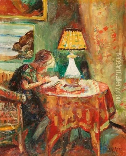Interior Med Lesende Pike Ved Lampe Oil Painting - Severin Grande