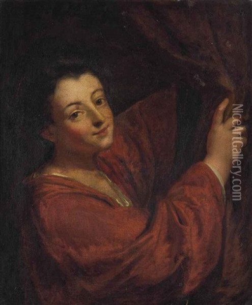 Portrait Of A Woman, Half-length, In A Red Dress, Holding Back A Curtain Oil Painting - Jean-Baptiste Santerre