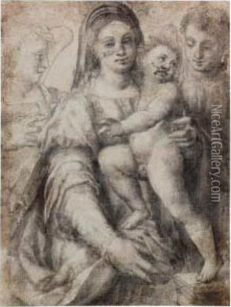 The Madonna And Child And Two Angels Oil Painting - Domenico Puligo