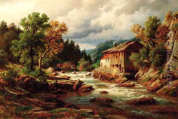 A fisherman by a river in the south Tirol, Austria Oil Painting - Eduard Friedrich Pape
