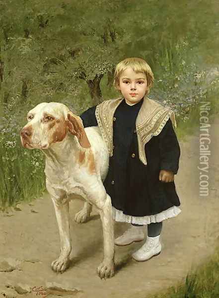 Young Child and a Big Dog Oil Painting - Luigi Toro