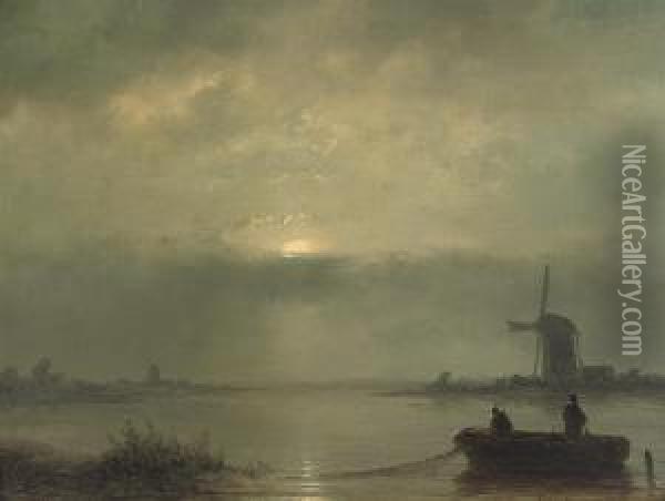 Night Fishing Oil Painting - Johannes Franciscus Hoppenbrouwers