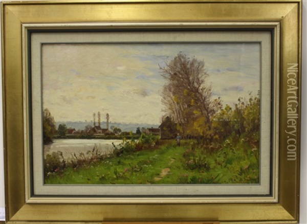 Wandelaarster Op Grasdijk Langs Een Kanaal Oil Painting - Adrien Jacques Sauzay