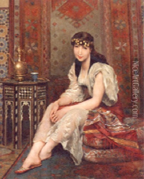 A Seated Oriental Beauty Oil Painting - Gustave Leonhard de Jonghe