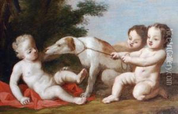 Children Playing With A Greyhound Oil Painting - Charles Dom. Joseph Eisen