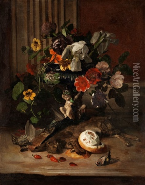 Blumenstilleben Mit Erlegten Wildhasen, Vogeln Und Einer Zitrone Oil Painting - David Emile Joseph de Noter