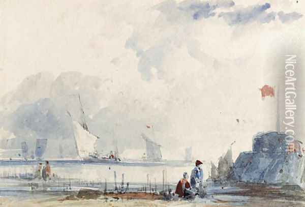 Shipping off the Normandy coast, with figures on the shore Oil Painting - Thomas Shotter Boys