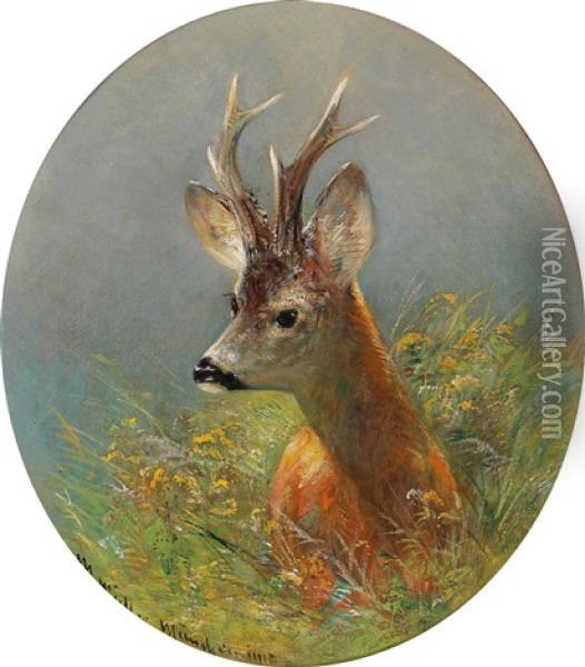 Roebuck Standing In The Tall Grass Oil Painting - Moritz Mueller the Younger