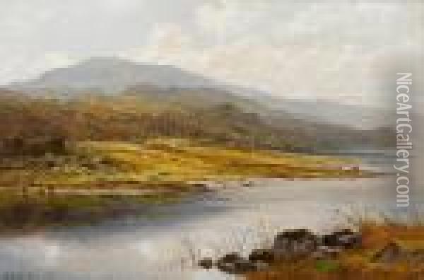 Cattle By A Shore, Possibly Capel Curig Oil Painting - Benjamin Williams Leader