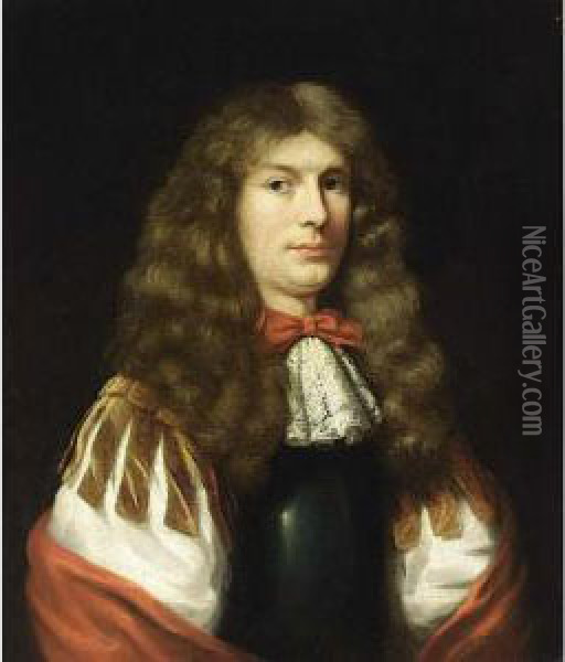 A Portrait Of A Young Gentleman,
 Half Length, Wearing A White Chemise And A White Lace Scarf Together 
With A Red Bow And Shawl, A Cuirass And A Wig Oil Painting - Pieter Nason