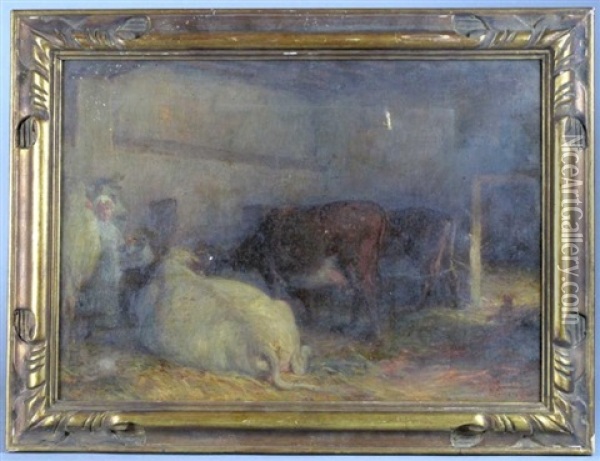Vaches Dans Une Etable Oil Painting - Edmond Eugene Valton