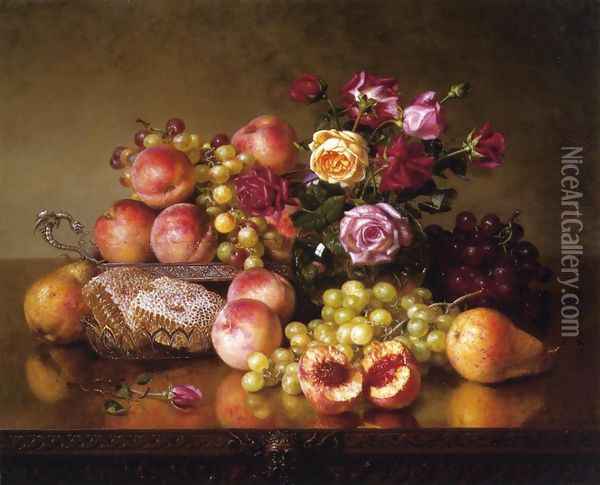 Fruit Still Life with roses and Honeycomb Oil Painting - Robert Spear Dunning