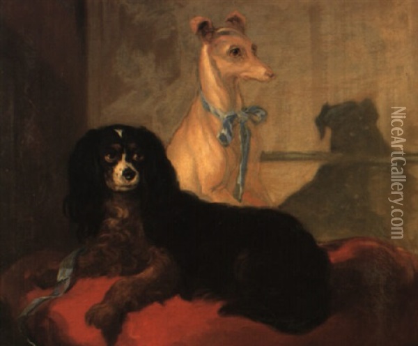 A Whippet And A King Charles Spaniel On A Red Cushion Oil Painting - Sir Edwin Henry Landseer