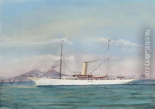 The American Steam Yacht 
Cassandra 
 Cruising In Mediterranean Waters Off Naples Inscribed 's.y. Cassandra' Oil Painting - Atributed To A. De Simone