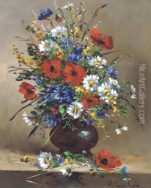 Poppies and daisies and other flowers in a bowl Oil Painting - Eugene Henri Cauchois