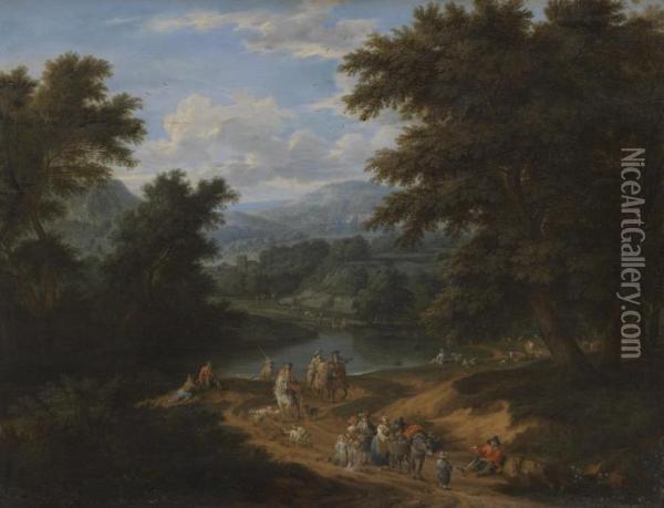 A Landscape With Travellers On A Path Oil Painting - Mattijs Schoevaerdts