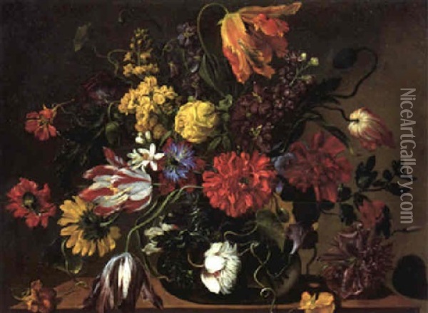 Blumenstrauss In Einer Glasvase Auf Einem Holztisch Oil Painting - Jean-Michel Picard