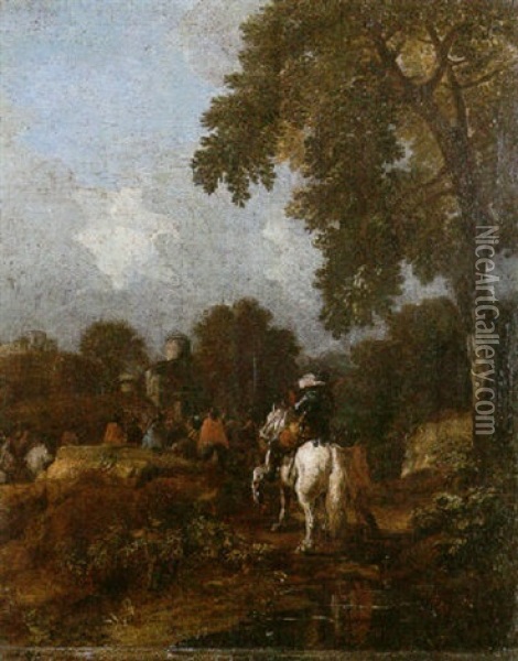 An Open Landscape With A Troop Of Cavalry Approaching The Outskirts Of A Town Oil Painting - Jacques Courtois