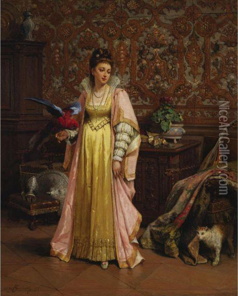 Her Pet Parakeet Oil Painting - Adrien de Boucherville