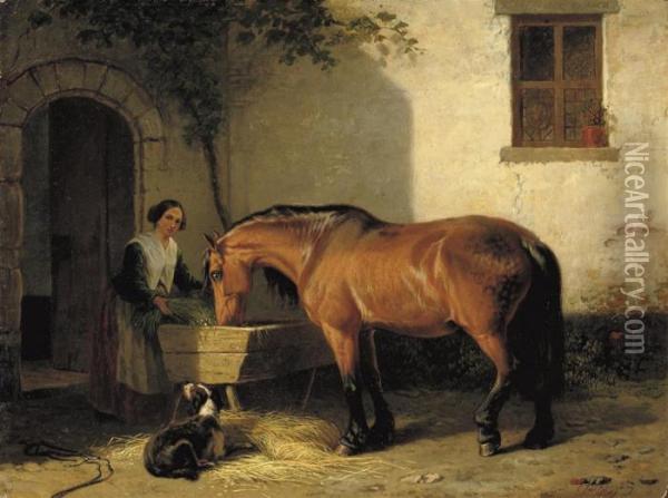 Feeding The Horse Oil Painting - Charles Philogene Tschaggeny