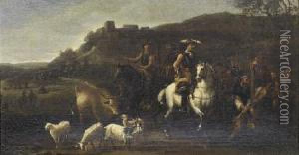 Cavalieri E Armamenti Sosta In Un Accampamento Oil Painting - Cornelis de Wael