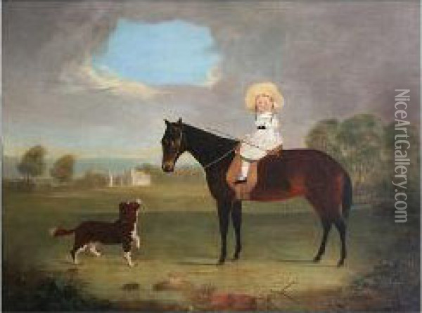 Young Boy Seated On Horse, Before A Landscape Oil Painting - Daniel Clowes