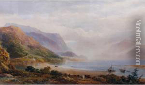A View Across A Continental Lake With Mountains On The Horizon Oil Painting - James George Philp