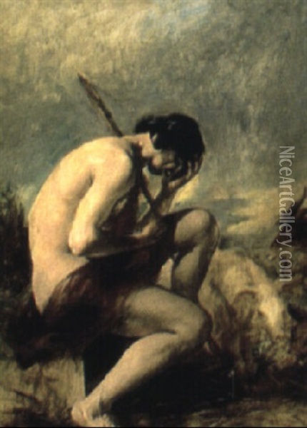 A Male Nude Seated On A Rock Oil Painting - William Etty