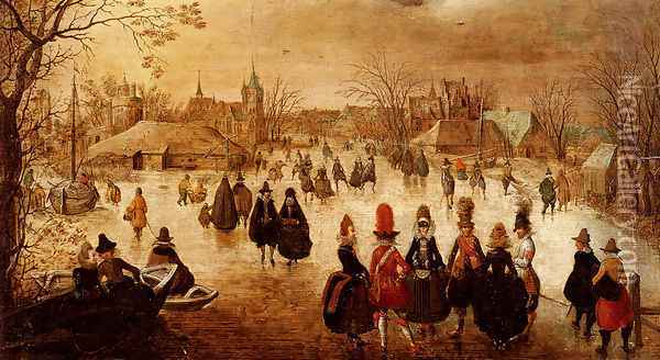 Winter Landscape With Skaters On A Frozen River Oil Painting - Adam van Breen
