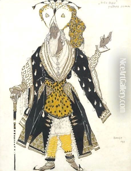 Costume Design For The Priest Soma From Le Dieu Bleu Oil Painting - Leon Samoilovitch Bakst