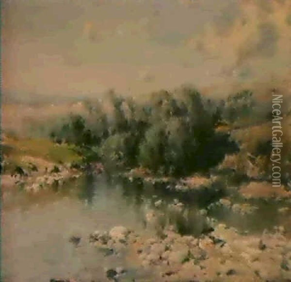 A River Landscape Oil Painting - Eliseo Meifren y Roig