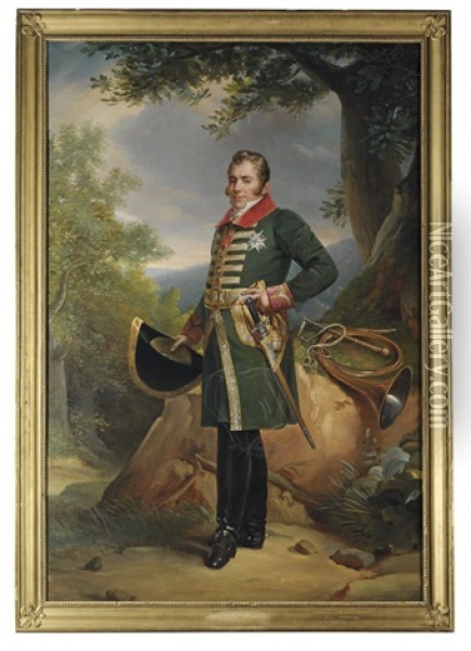 Portrait Of Charles-ferdinand D'artois, Duc De Berry In Hunting Dress, A Hat In His Right Hand Oil Painting - Francois Pascal Simon Gerard