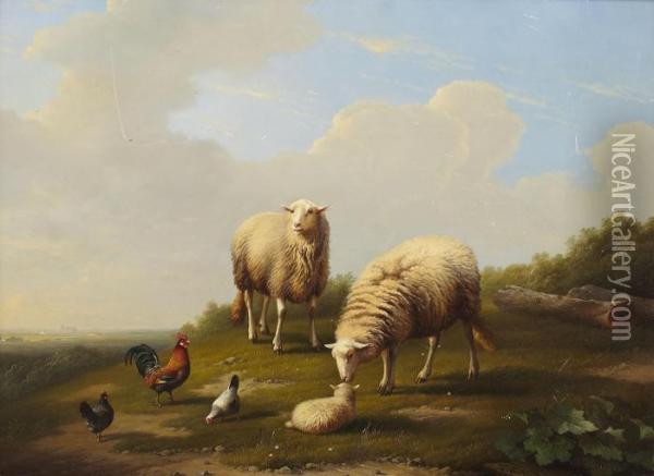Sheep And Hens In A Landscape Oil Painting - Franz van Severdonck