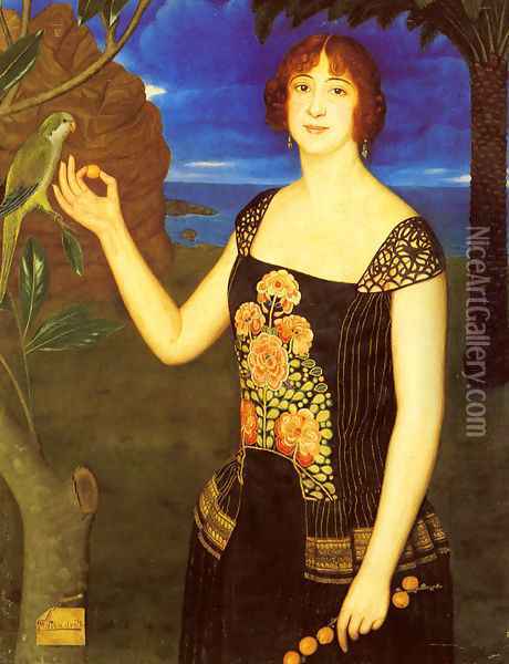 A Portrait Of A Lady With A Parakeet In A Tropical Landscape Oil Painting - Miguel Viladrich
