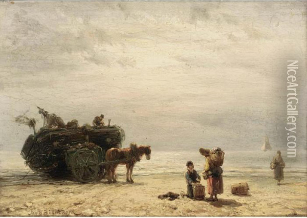 Fisherfolk On The Beach Oil Painting - Johannes Hermann Barend Koekkoek