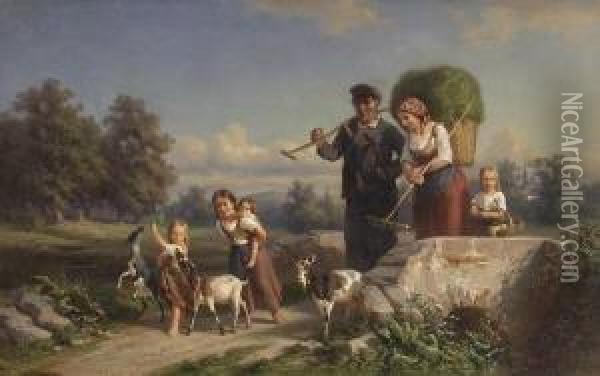 Heimkehr Einer Bauernfamilie Von
 Der Heuernte. Oil Painting - Ernst Adolf Meissner