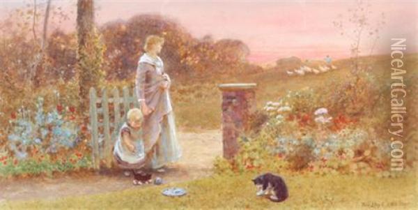 A Woman And Child Beside An Open Gate Oil Painting - Tom Lloyd