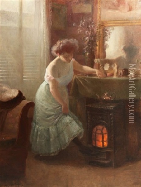 Femme Dans Son Interieur Pres D'un Calorifere Oil Painting - Hermann Delpech