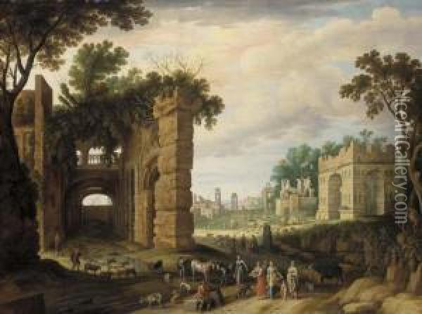 The Roman Forum With Drovers And Watercarriers On A Path In The Foreground Oil Painting - Willem van, the Younger Nieulandt
