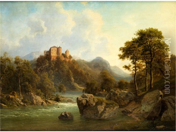 Landschaft Mit Fluss Und Burg Oil Painting - Georg Emil Libert
