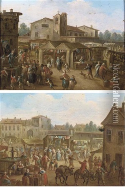 A Market Scene With Figures Gathered Around A Comedia Dell'arte Play (+ A Village Square With A Market, And Two Mules Near A Fountain In The Foreground; Pair) Oil Painting - Franz de Paula Ferg