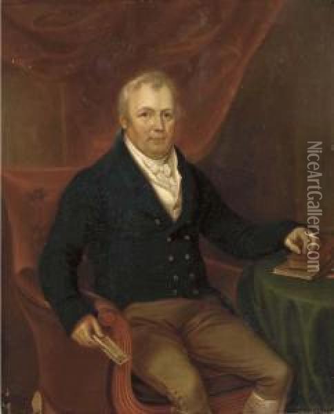 Portrait Of A Gentleman, 
Three-quarter-length, In A Blue Jacket, Seated At A Table And Holding A 
Note In His Right Hand Oil Painting - James Leakey