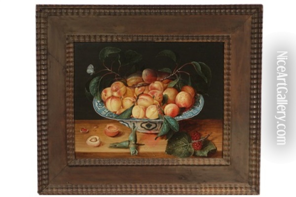 Still Life Of Peaches In Chinese Bowl Oil Painting - Gillis Jacobz van Hulsdonck