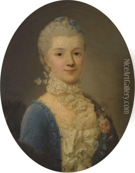 Portrait Of A Lady, Wearing A Blue Dress And Lace Collar Oil Painting - Giuseppe Baldrighi