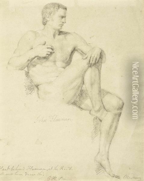 Study Of A Seated Male Nude, Right Leg Raised Oil Painting - John Flaxman