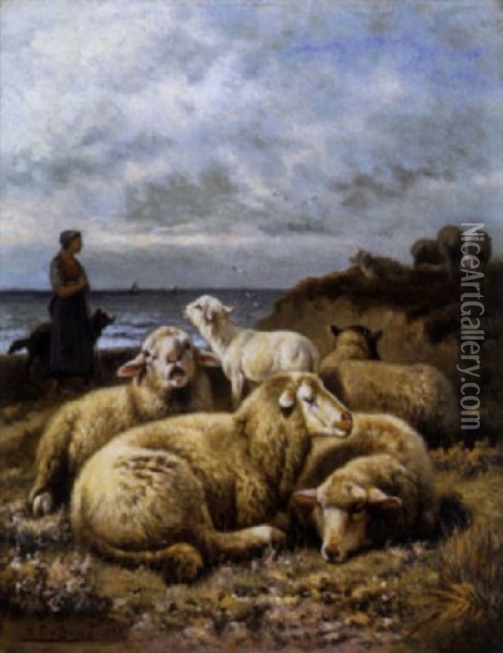 Schapenhoedster Met Kudde Langs De Zee Oil Painting - Henri De Beul