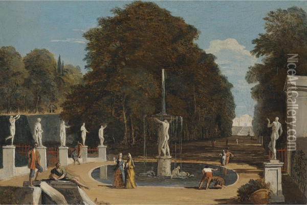 A Landscape With Figures Conversing In A Park Beside A Fountain Oil Painting - Marco Ricci