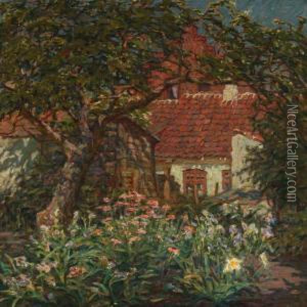 A Flowering Gardenat Klosteralleen In Ribe Oil Painting - Hilmar Riberholt