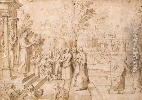 Figures imploring a Priest on the Steps of a Temple Oil Painting - Antoine Caron