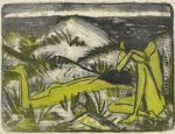 Ein In Dunen Sitzendes Und Ein Liegendes Madchen (zwei Madchen Inden Dunen, Sylt) Oil Painting - Otto Mueller